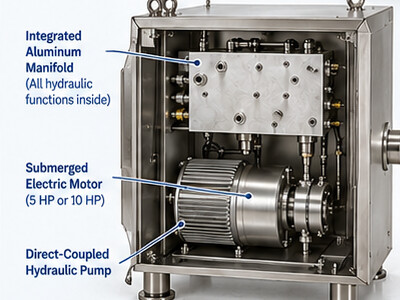 Cutaway view of the Benali hydraulic power unit showing the integrated aluminum manifold, submerged electric motor, and direct-coupled hydraulic pump